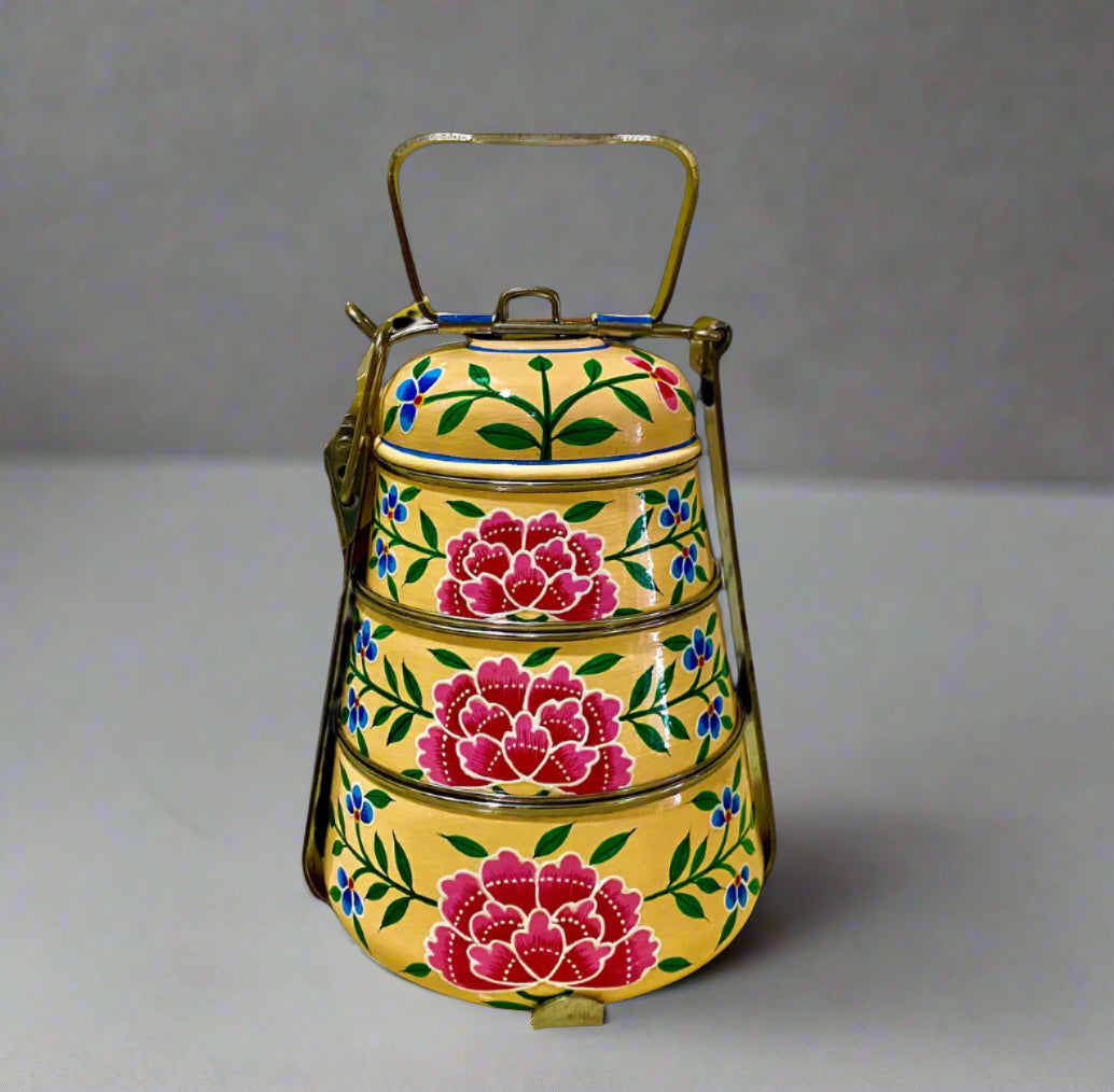 Hand-Painted 3-Tier Stainless Steel Lunch Box –  floral Design Eco-Friendly tiffin box